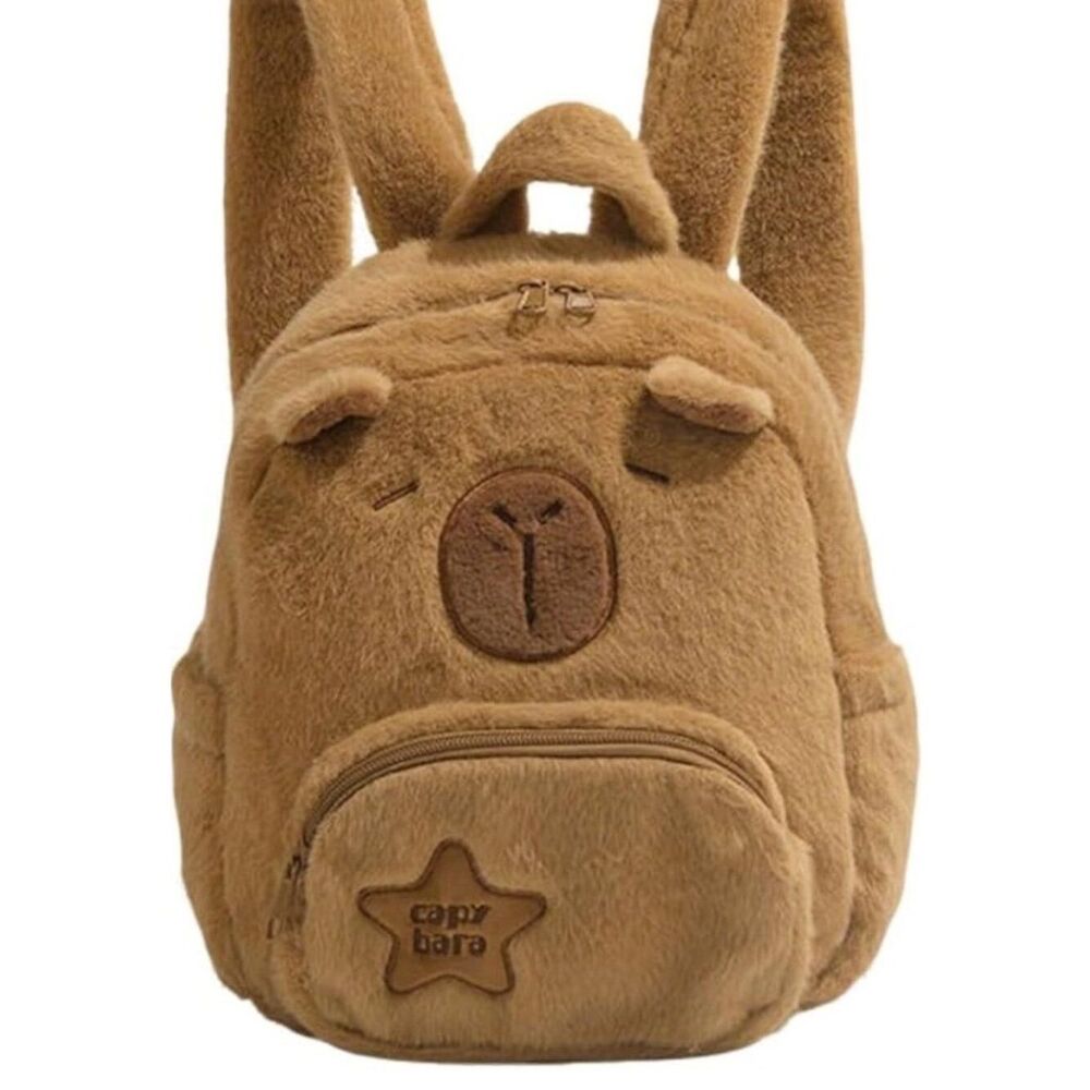 Capybara Faux Fur Plush Brown Animal Kids Small Travel Scool Backpack New
